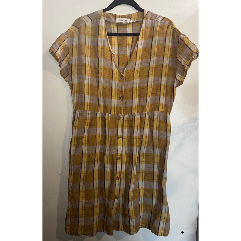 Indi & Cold San Sebastian Yellow Plaid Linen Blend Button Front Dress Womens L